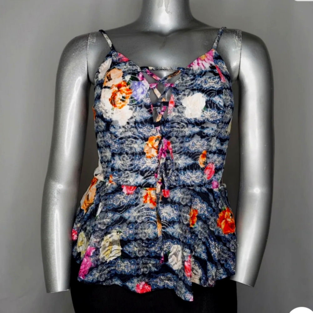 Venus Peplum Camisole Top Womens X-Large Blue Floral Lace Mesh Lined Laceup